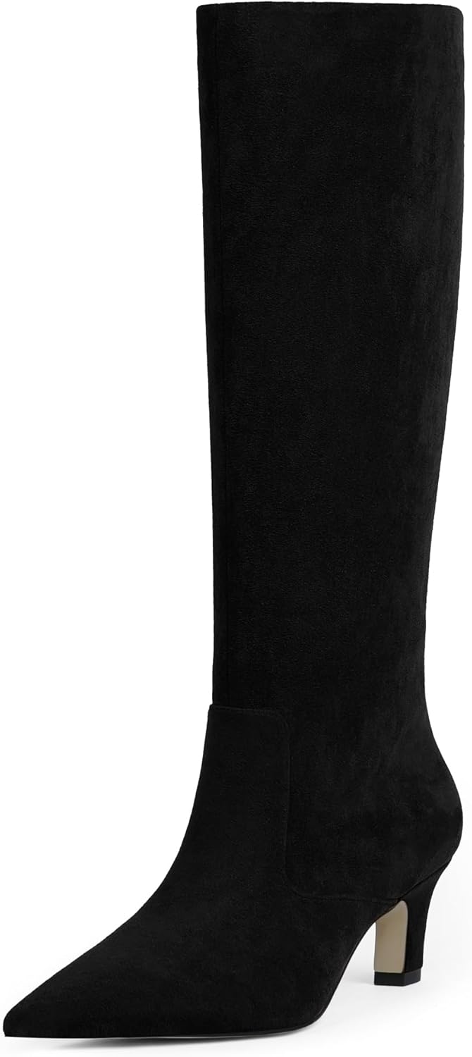 Knee High Boots for Women Pointed Toe Kitten Low Heel Tall Boots Faux Leather Fall Long Boots Side Zipper