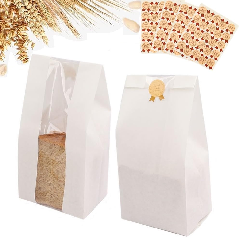 100pcs Kraft Paper Bread Toast Bags with Transparent Window Greaseproof Paper Bags, Baked Coffee Cookies Cute Snack Bags with Seal Label Stickers (30x12x9cm)