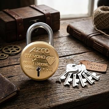 Azco Round Lock Small Size 50mm 6 Keys | 7 Levers Double Locking | Lock and Keys for Home Door Shutter Shop Office Main Gate | Gold Laquered Finish (Pack of 1)