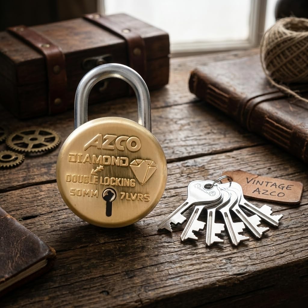 Azco Round Lock Small Size 50mm 6 Keys | 7 Levers Double Locking | Lock and Keys for Home Door Shutter Shop Office Main Gate | Gold Laquered Finish (Pack of 1)-image-8