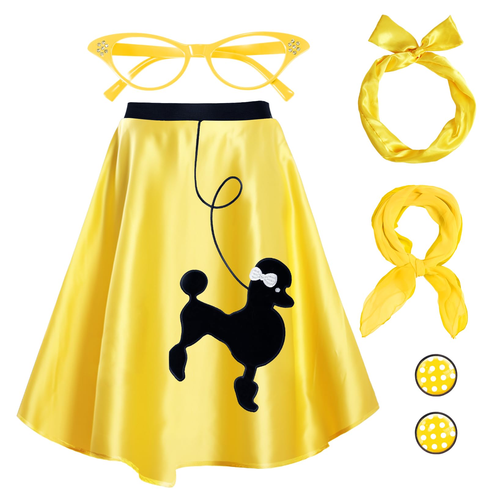 Hicarer 5 Pcs 50s Women Halloween Costume 1950 Poodle Skirt Sock Hop Accessory Outfit Scarf Glasses Bandana Headband Earring
