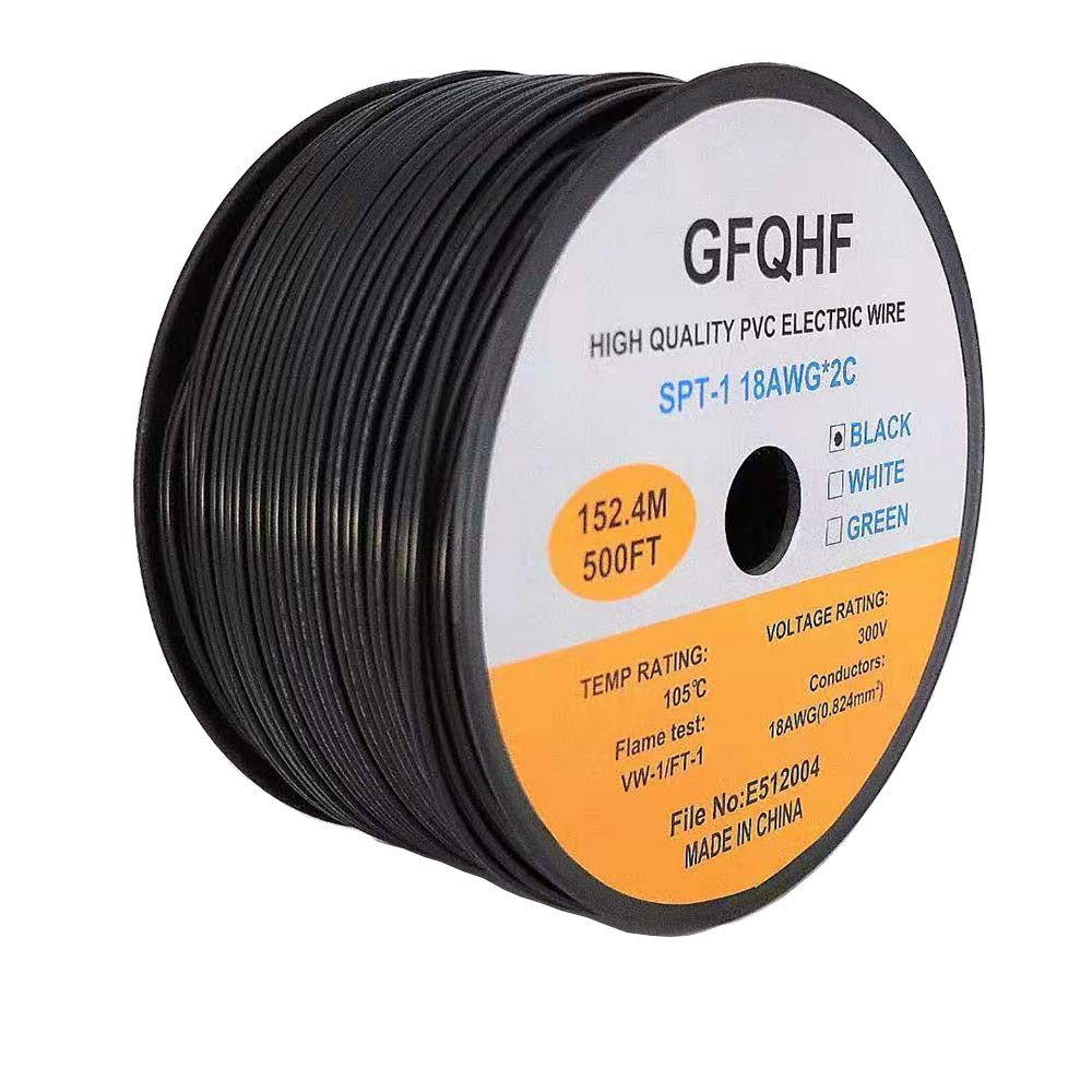 GFQHF UL Listed 500FT SPT-1 Electrical Wire,18/2 Zip Cord Wire,Work with SPT-1 Vampire Plug(500, SPT-1 Black)
