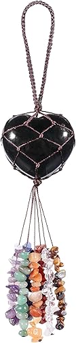 mookaitedecor Adorno colgante en forma de corazón de obsidiana negra, 7 piedras curativas de chakras, borlas de cristal para decoración de automóvil