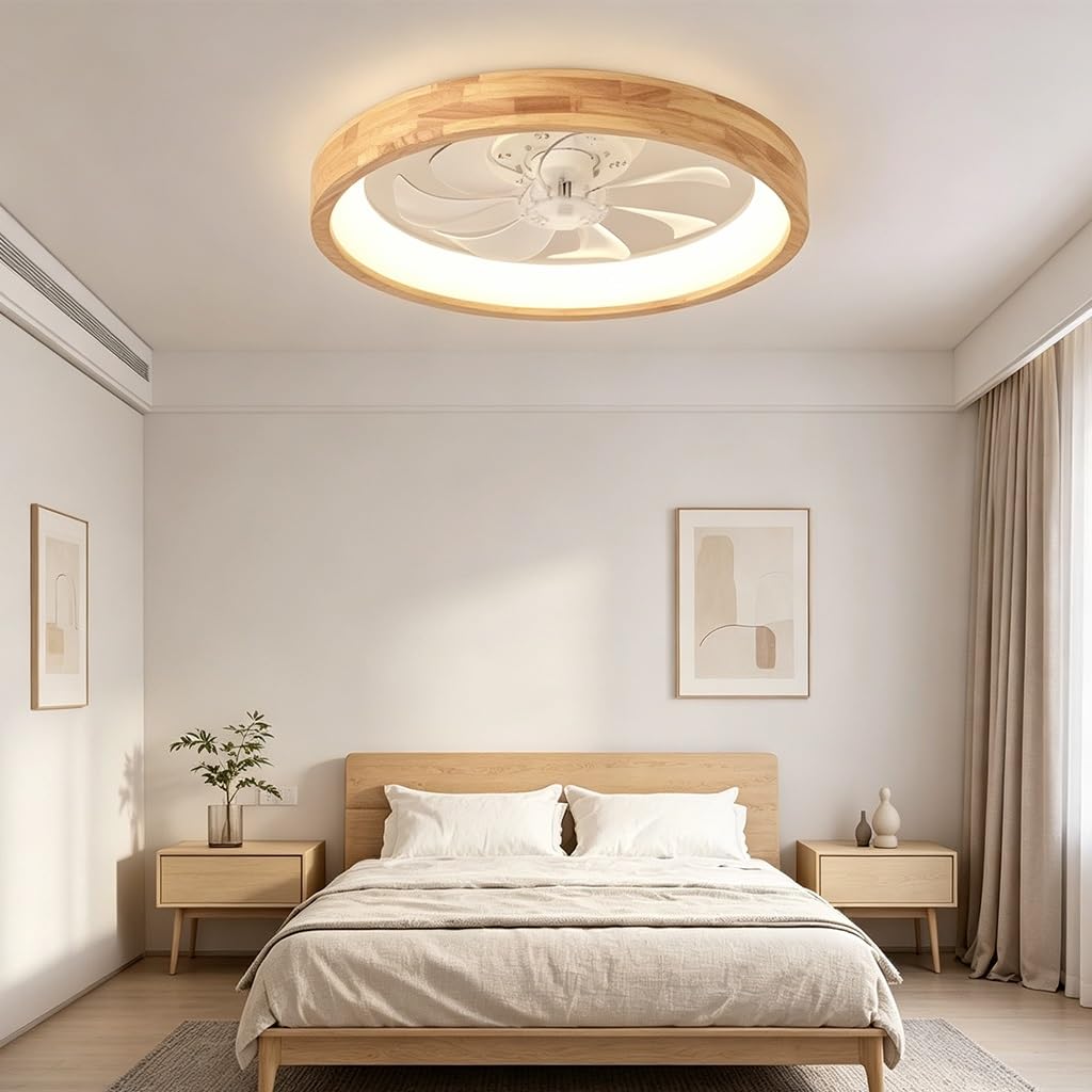 Ventilateur Plafond Lumineux Bois Massif Japonais LED Ventilateur Plafond Avec Lumière 3 Températures Couleur Contrôle Bois Acrylique Chambre Salon Salle À Manger Café Hôtel(Solid wood)