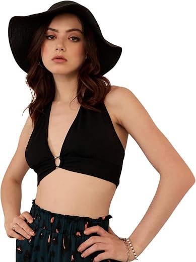 Berrylush Women Floral Printed Halter Neck Tie-Up Open-Back Crepe Cropped Top