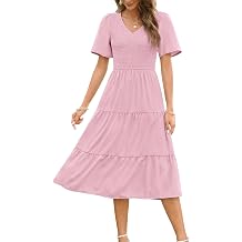 Annebouti 2023 Womens Summer Short Sleeve V Neck Boho Casual Floral/Solid Smocked Tiered Midi Dress with Pockets
