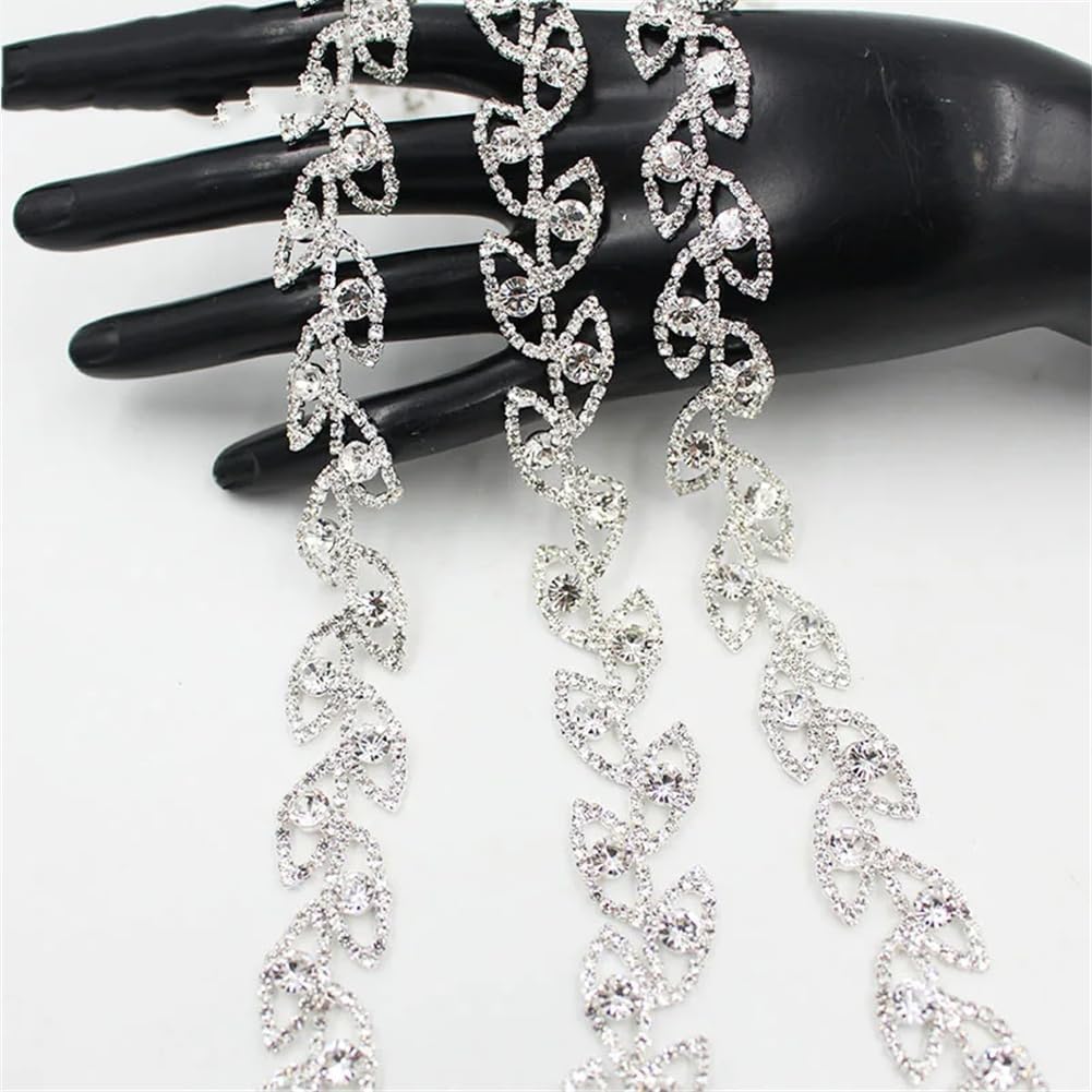 1/5Yards Leaf Crystal Metal Chain Lace Decoration Rhinestone Trim Sew On Clothing Shoes Bags AB Silver 5 Yards
