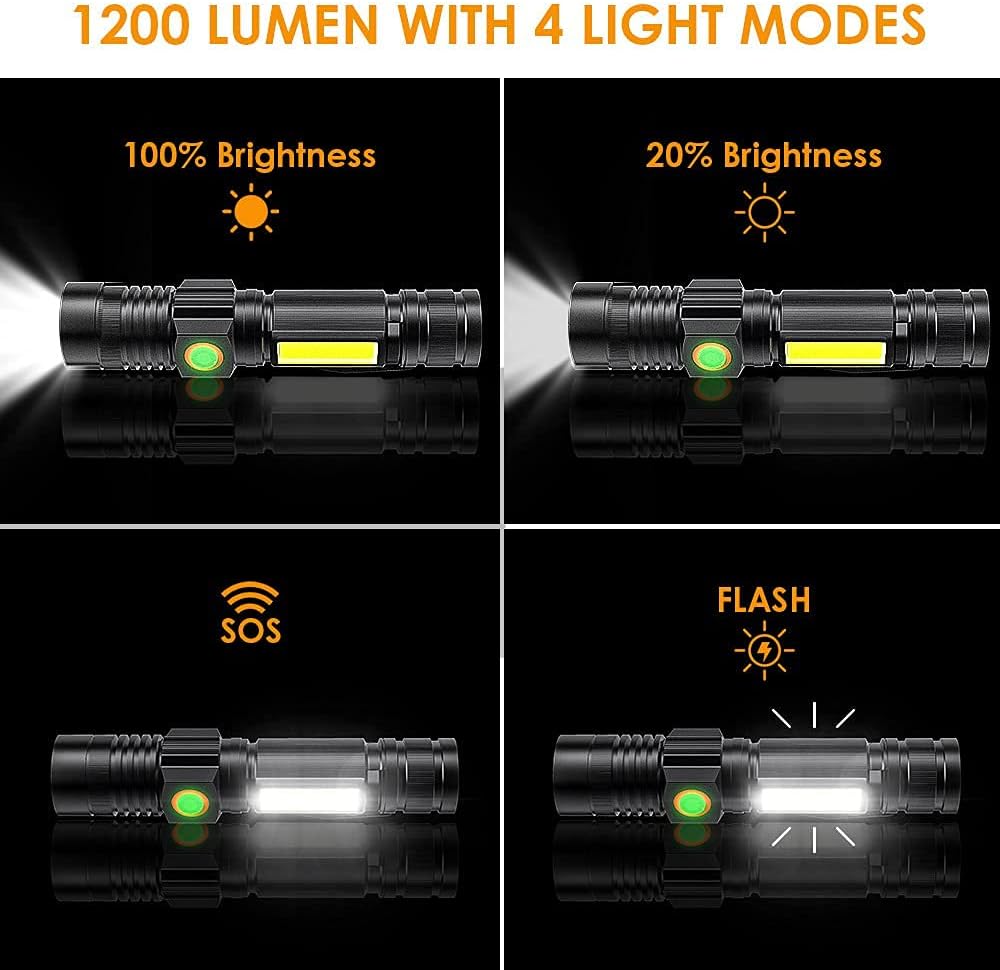 USB Rechargebale Flashlight, Magnetic Pocket Flashlights with Clip, Super Bright 1200 Lumens COB Work Light LED Torch, Zoomable, Water Resistant, 4 Modes for Camping Hiking 2 Pack - - 