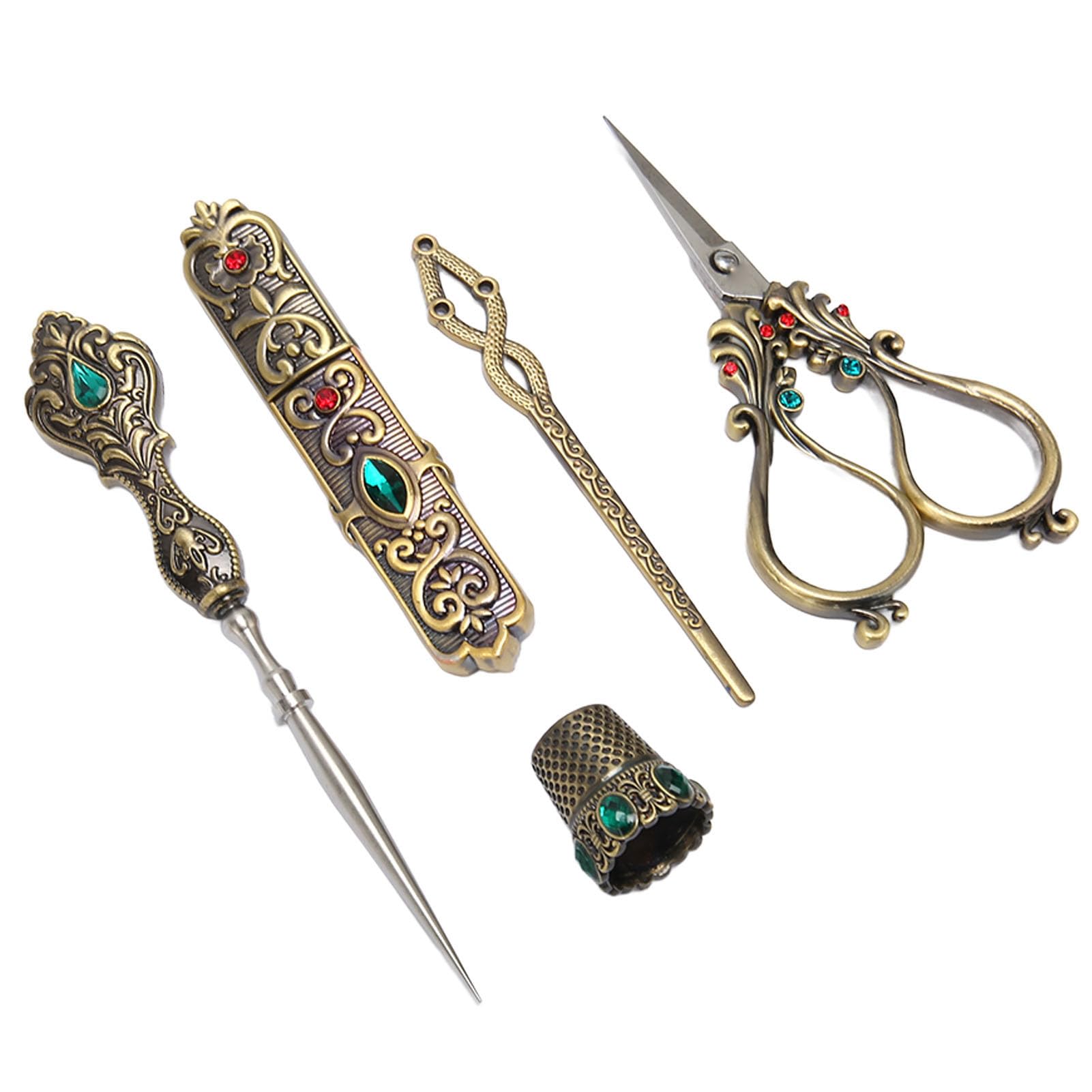 Juego Completo de Herramientas de Costura con Diseño Vintage, Kit de Costura Vintage de Aleación con Dedal, Enhebrador, Estuche para Agujas, Punzón, Tijeras Vintage de Bronce,