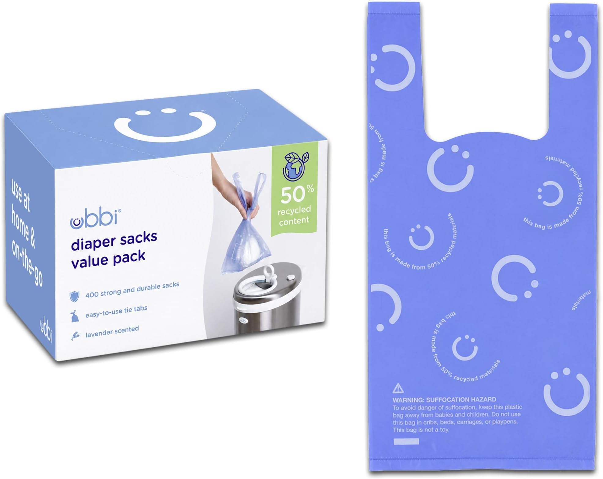 Ubbi Disposable Nappy Sacks, Lavender Scented, Easy-To-Tie Tabs, Baby Diaper Disposal or Pet Waste Bags, Value Pack, 400 Count (Pack of 6)