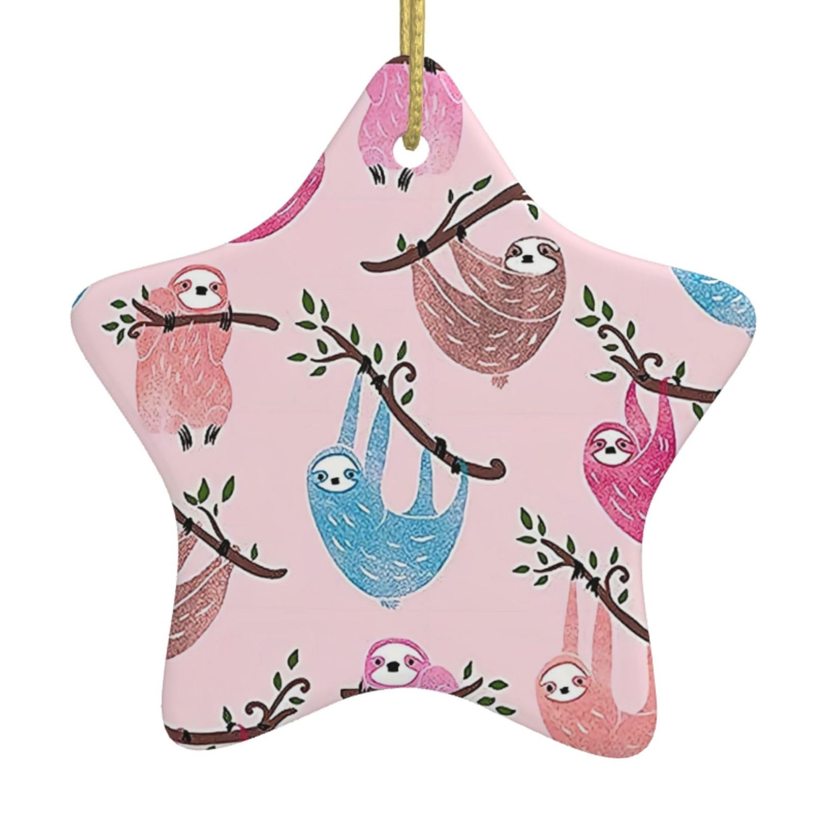 Nbtghga White Naughty Sloth Print Christmas Ornaments, Ceramic Hanging Ornament, Round Shape Decorations