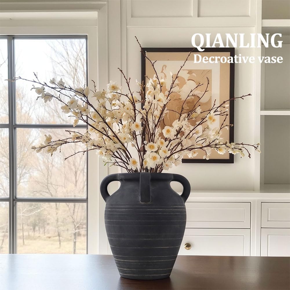 Handmade Large Black Vase - 10" Tall Terracotta Vases with 4 Ear Design, Wide Mouth Vintage Vases, Rustic Antique Decor Matte Black Ceramic Vase for Home Decor, Living Room, Table, Fireplace Decor - Image 7