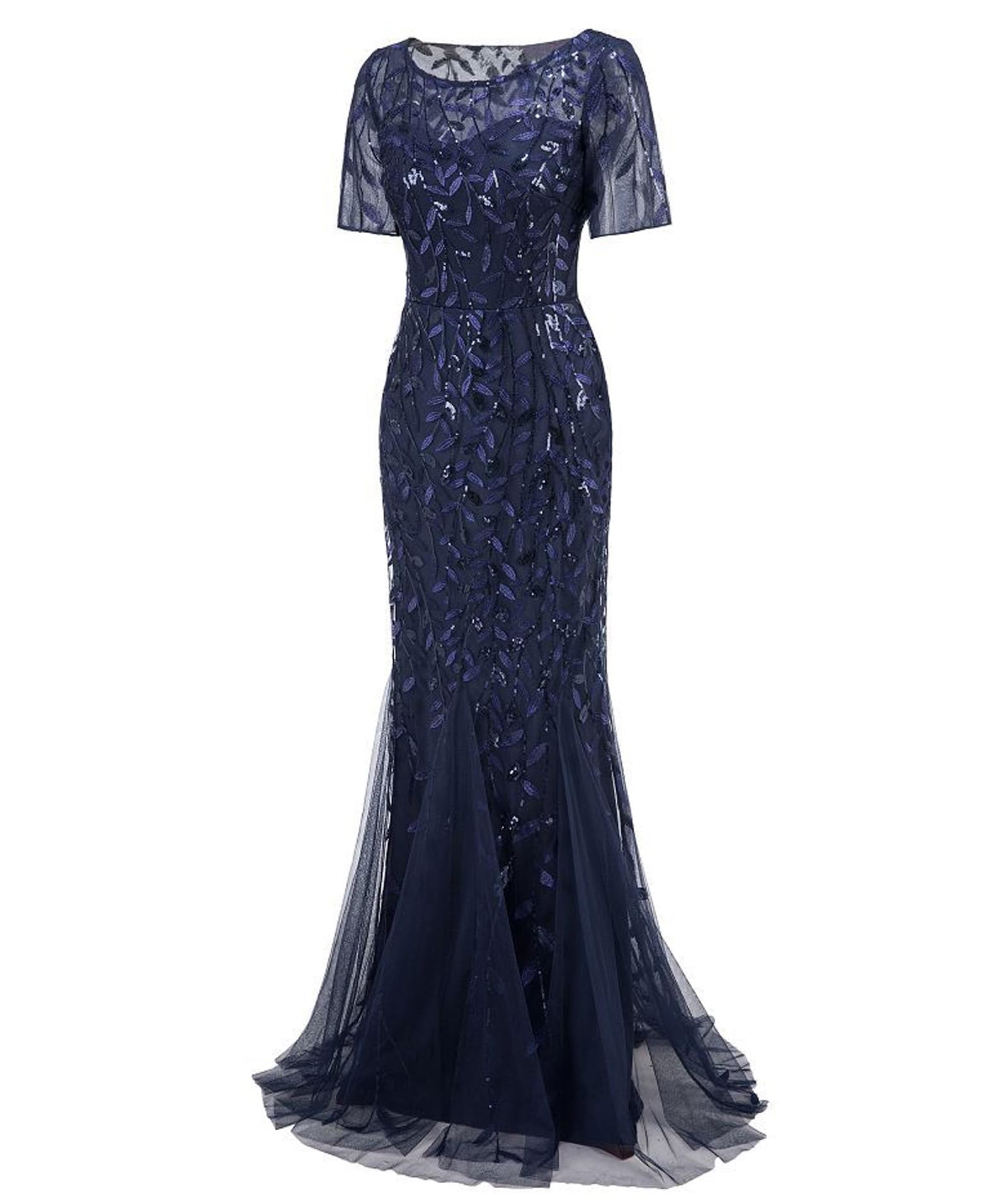 ECDAHICC Donna Plus Size Girocollo Fondo Lunghezza Paillette Ricamato Abito Da Sera Maniche Lunghe Festa Danza Damigella D'onore Scintillante Sirena Chiffon Abito Trasparente