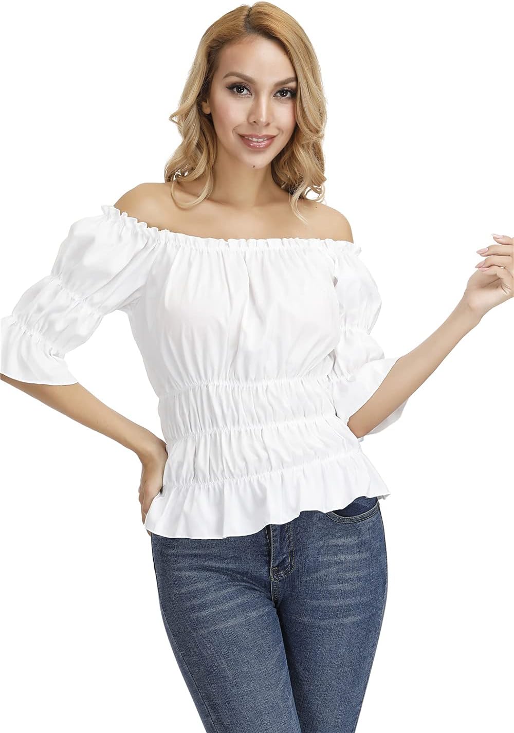 Steampunk Renaissance Blouse Women Half Sleeve Boho Off Shoulder Peasant Shirt - Image 2