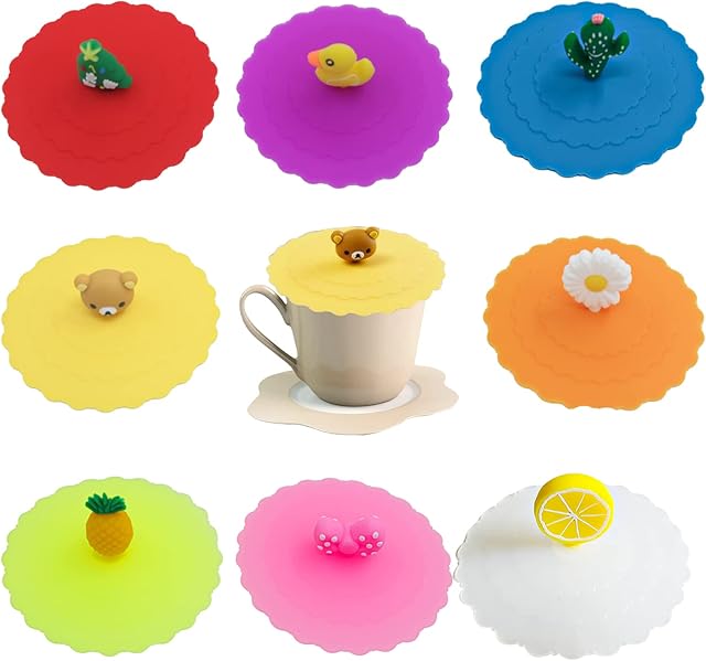 MEDILOE 8 Pcs Silicone Glass Cup Covers, Cartoon Creative Cute Animal Shape Cup Lid, Food-grade Reusable, Drink Cup Lid Cover for Coffee, Tea, Beer, Drinks