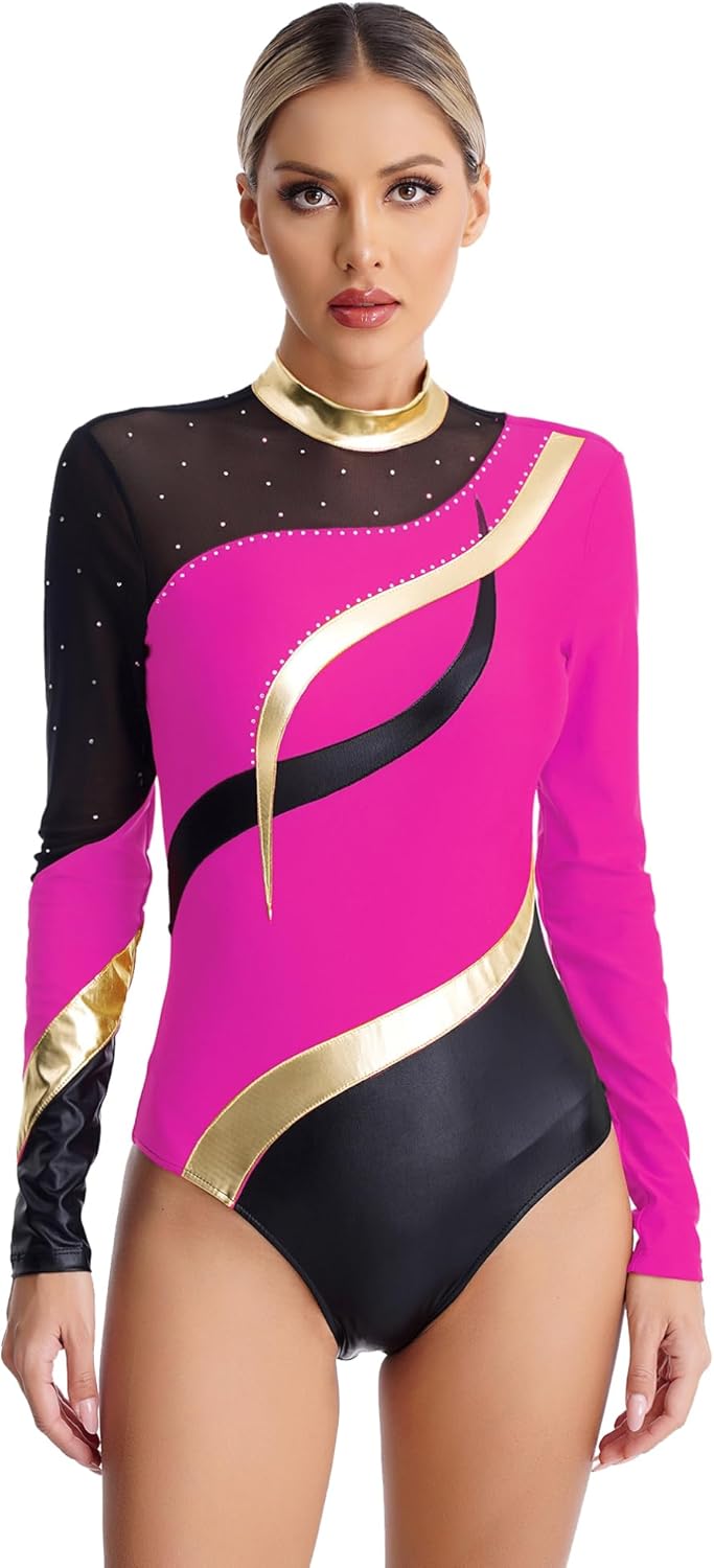 Justaucorps Femme Strass Manches Longues – Pour Gymnastique, Danse, Patinage – Brillant Et Confortable – Taille S à XXL