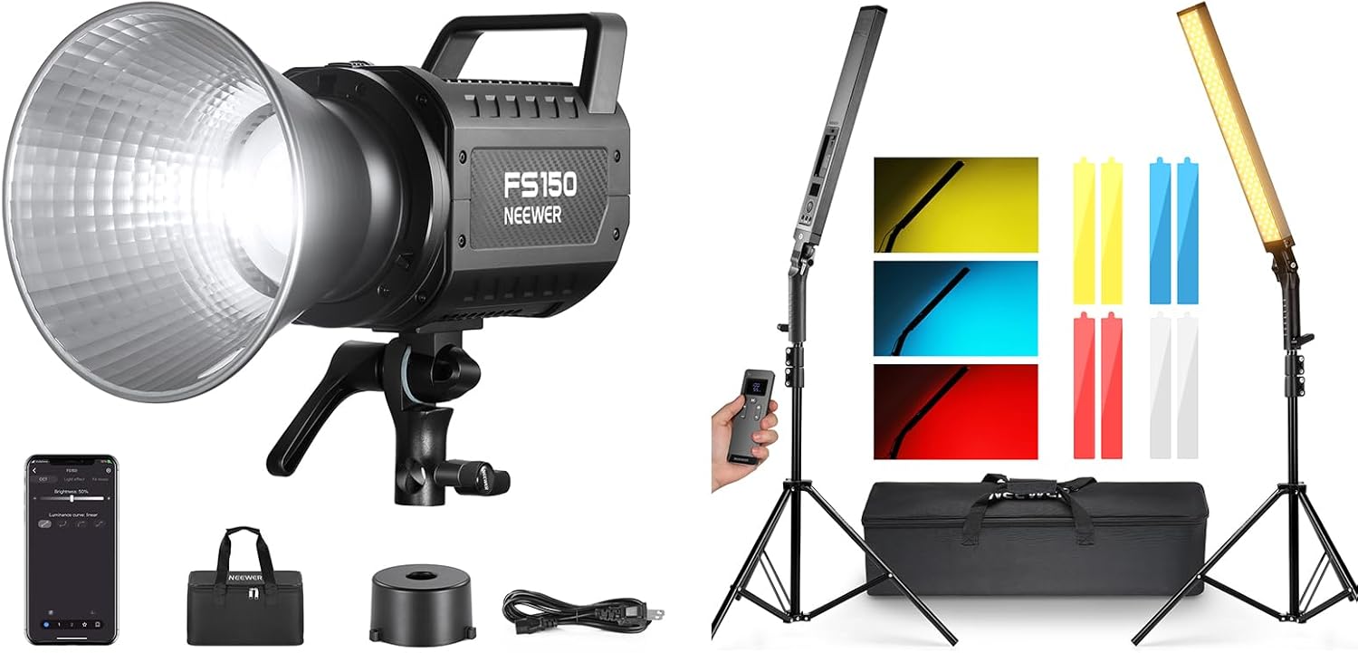 NEEWER FS150 LED Video Light 2.4G/APP Control, 130W 5600K COB Daylight Silent Photography Continuous Output Lighting 102000lux/1m with BH20B LED Video Light Stick & 2.4G Remote Kit
