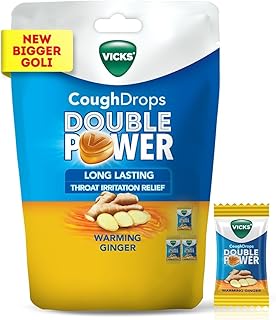 COUGH DROPS DOUBLE POWER (Bag of 25) WITH AYURVEDIC INGREDIENTS FOR FAST RELIEF FROM THROAT IRRITATION & COUGH, WARMING GINGER FLAVOUR