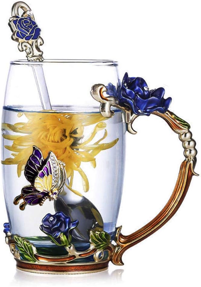 Tea Cup, Coffee Mug Cups, Clear Glass Coffee Cups Tea Mugs with Spoon Set Handmade Enamel Butterfly Rose Flower,13 oz (Blue) Ideal for Friend Birthday Presents