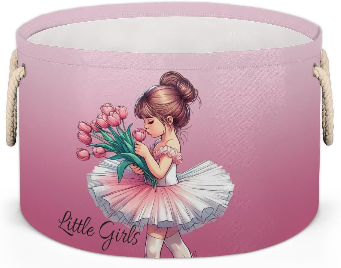 Large Round Laundry Basket Pink Little Girls Toy Bins Organizers and Storage for Girls Canvas Collapsible Blanket Storage Basket Laundry Hamper Gift Baskets Bedroom Clothes Children Nursery