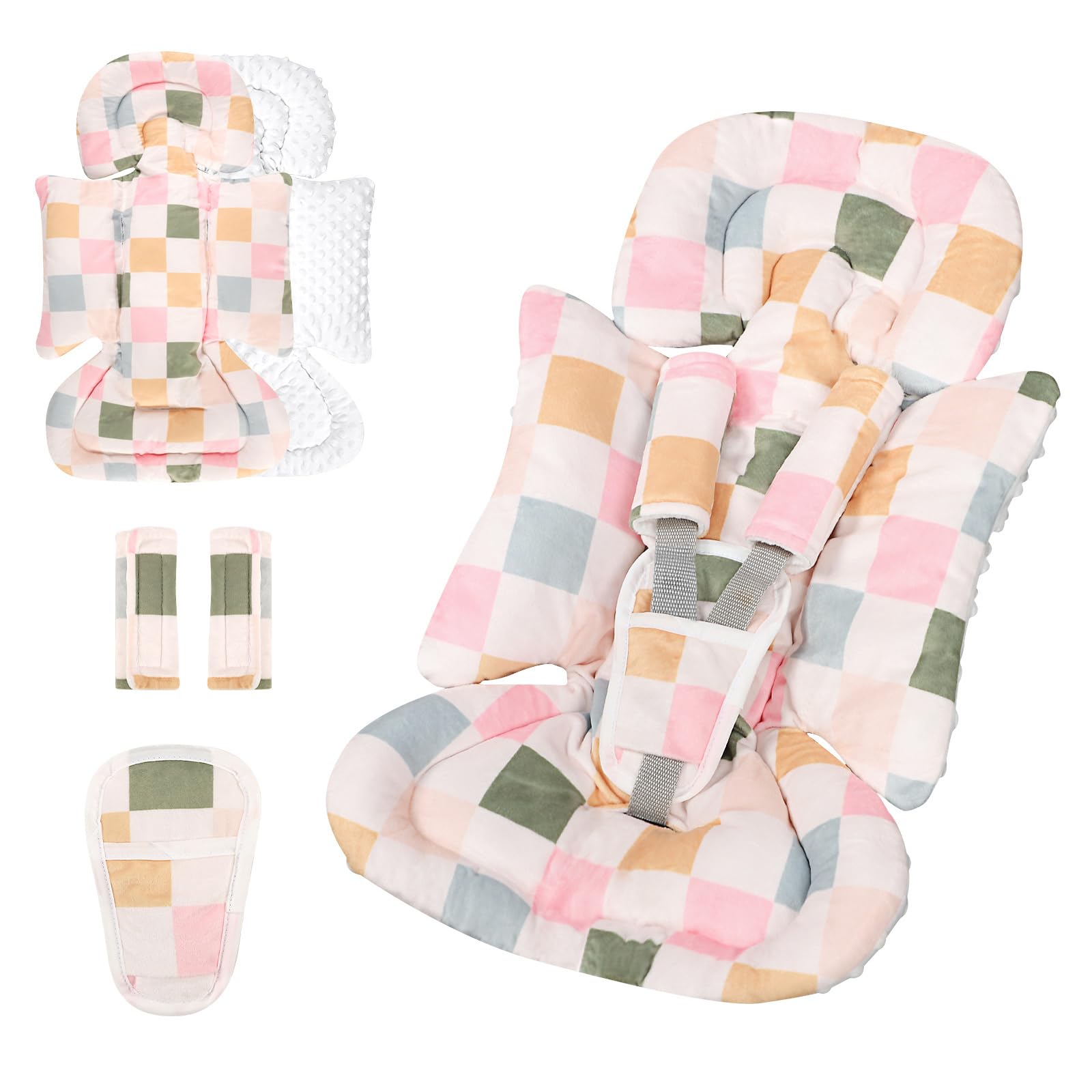DILIMI Infant Car Seat Insert, Baby Car Seat Head Support with 3 Strap Paddings, Soft Newborn Car Seat Cushion for Stroller, Swing, Bouncers, Colorful