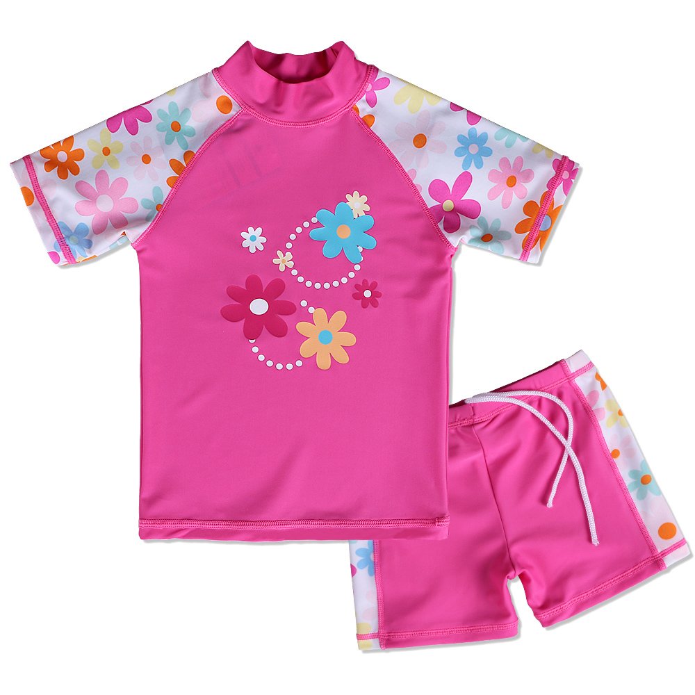 BAOHULU Girls Short Sleeve Swimsuit Two Piece Floral UPF 50+ Rash Guard