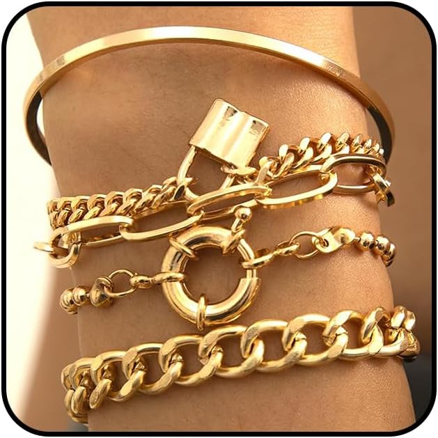 Gold Chunky Lock Bracelet Set for Women Layered Stackable Cuban Chain Statement Bangles Personalized Paper Clip Link Bracelet Halloween Jewelry Gifts
