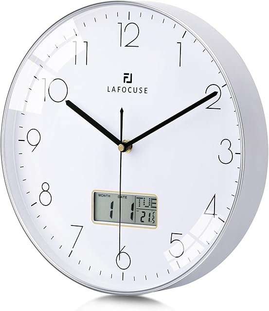 Lafocuse Digital Calendar Silver Wall Clock with Date and Day and Temperature,Silent Modern Kitchen Wall Clock for Bedroom 12 Inch Living Room Office