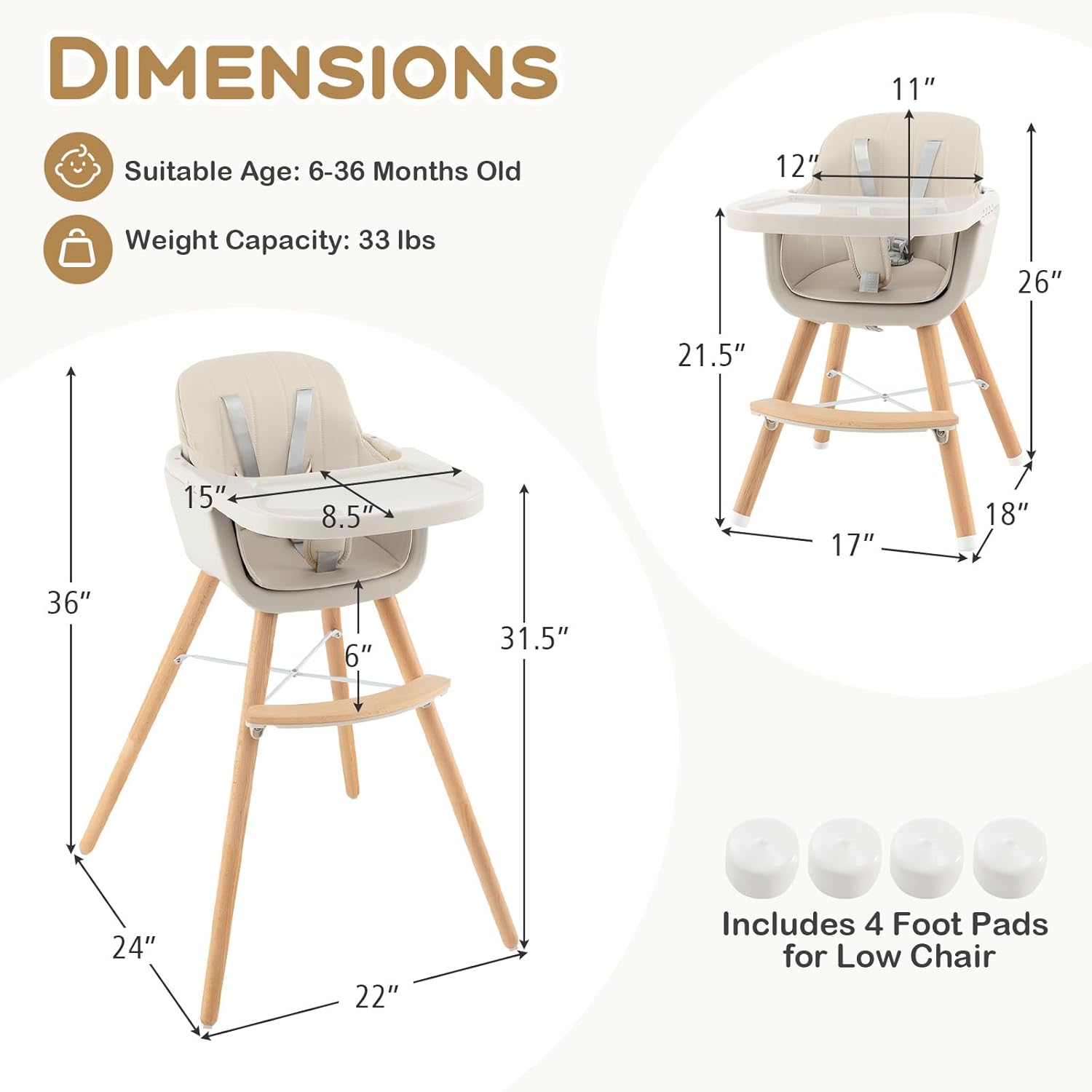 Nightcore 3-in-1 Convertible Baby High Chair, Infant Multi-Purpose Dining Chair with Removable Tray & Adjustable Legs, Toddler Dining Chair with 5-Point Seat Belt & PU Pad (Beige)
