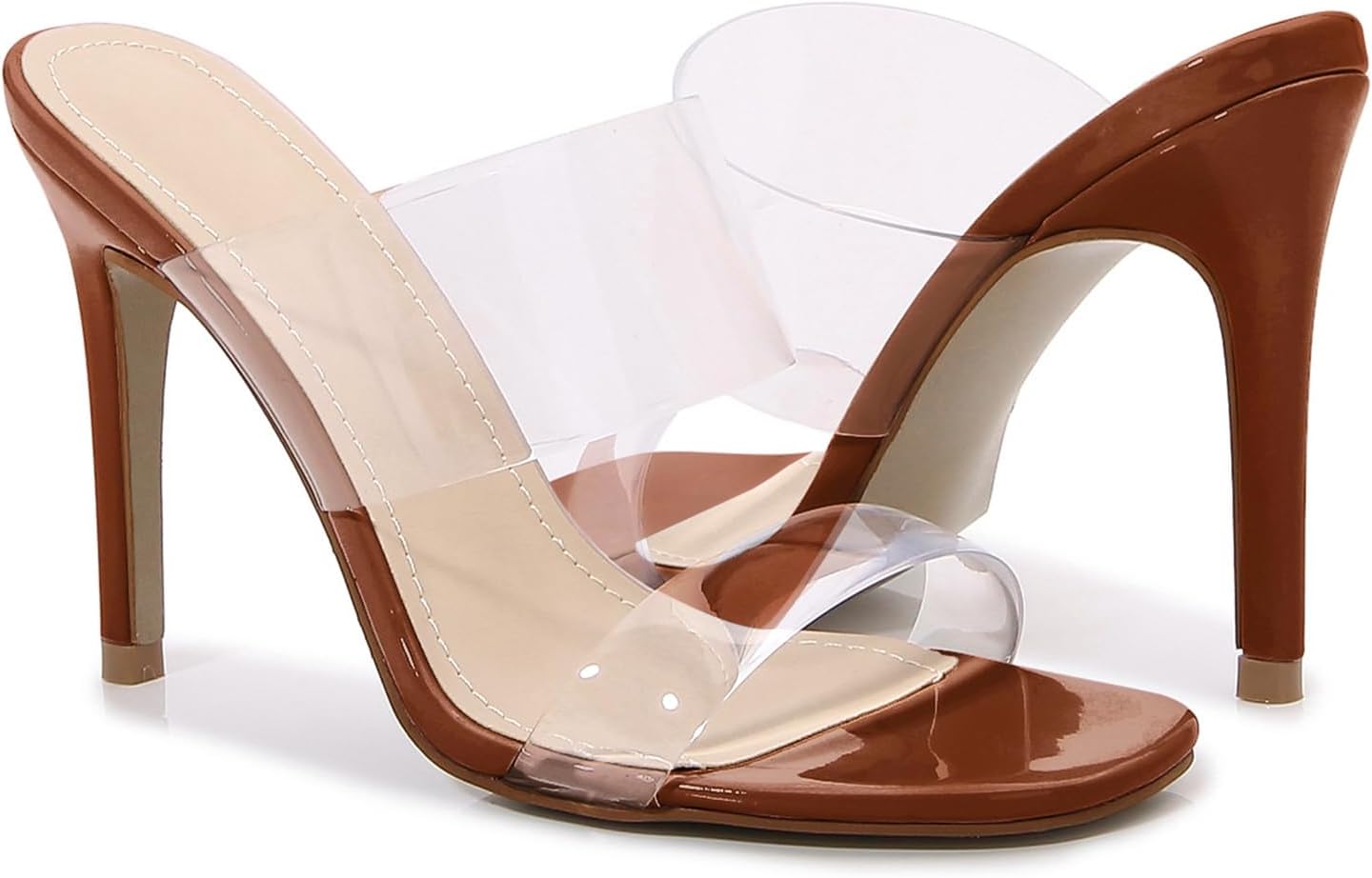 Husmeu Women's Clear Heeled Sandals Square Toe Two Strap Stiletto High Heeled Sandal Transparent Strap Backless Slip on Mules Heeled Sandals