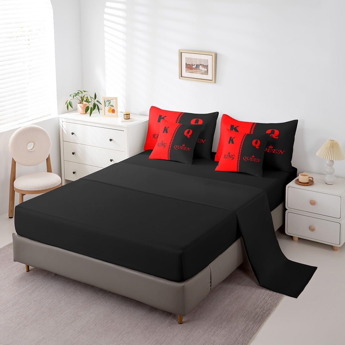 Feelyou Valentine Day Queen King 7 Piece Bedding Set King Size Black Red Comforter Set with Sheets for Adult Lovers Couple Romantic Bed in a Bag Simple Fashion Bed Set