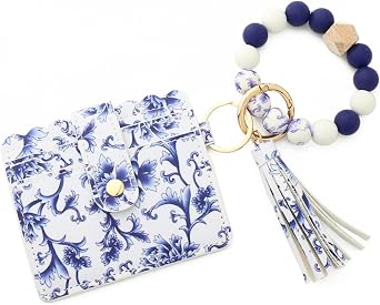 Wristlet Wallet Bracelet Keychain,Card Holder Purse Tassel Keychain for Women, Silicone Bead Bracelet Card Bag