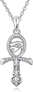 Ankh Cross Necklace 925 Sterling Silver Eye of Horus Pendant Necklace Egyptian Protection Symbol Evil Eye Jewelry Gift for Men