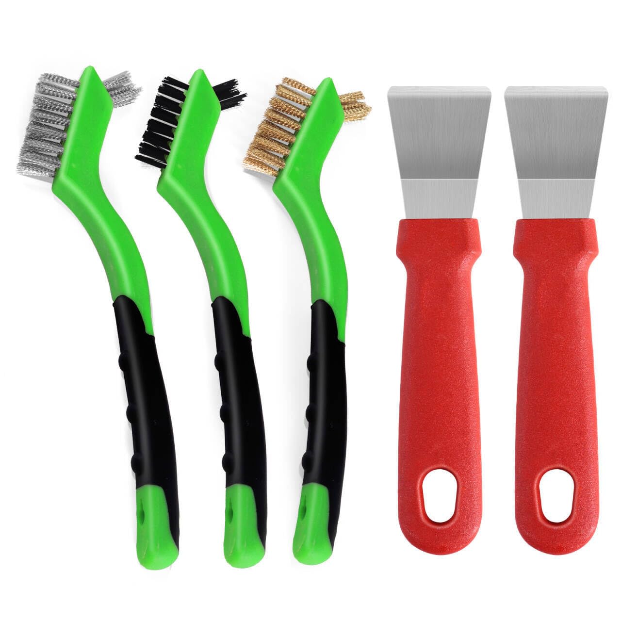 Wire Brush Set for Cleaning,5Pcs Small Stainless Steel/Brass/Nylon Brushes with Different Types Paint Scraper for Dirt ,Paint and Rust Remover,Soft Curved Handle Grip