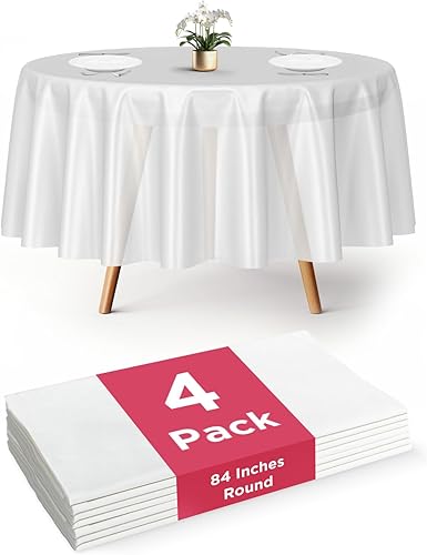 Vista 61 de Prestee Manteles redondos de plástico de 84 pulgadas, paquete de 24 manteles desechables de color blanco para fiestas, manteles redondos
