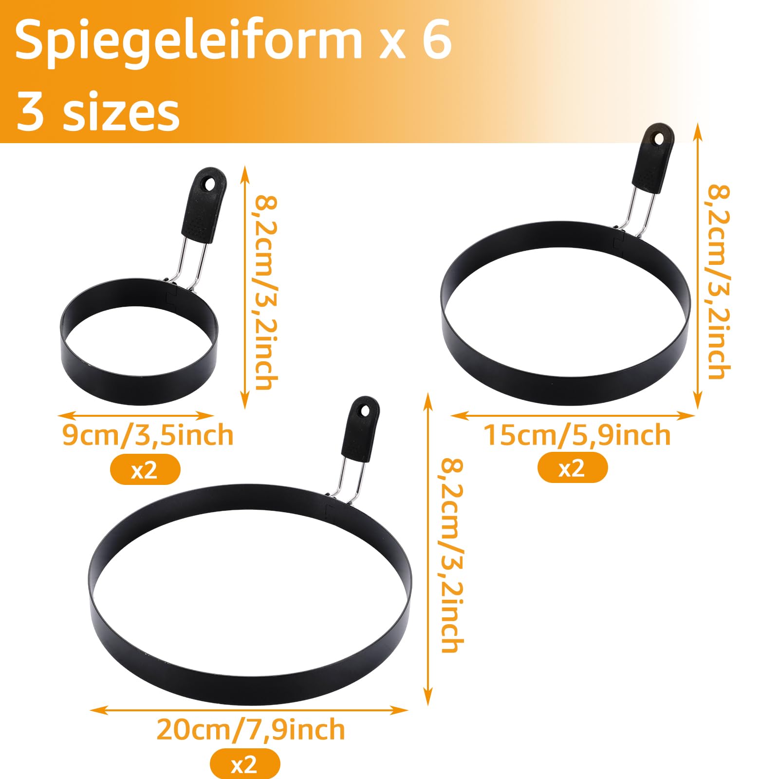 6 stampi per uova fritte neri per la padella 9 cm, 15 cm, 20 cm, in acciaio inox, per uova fritte, frittelle, omelette e molto altro ancora