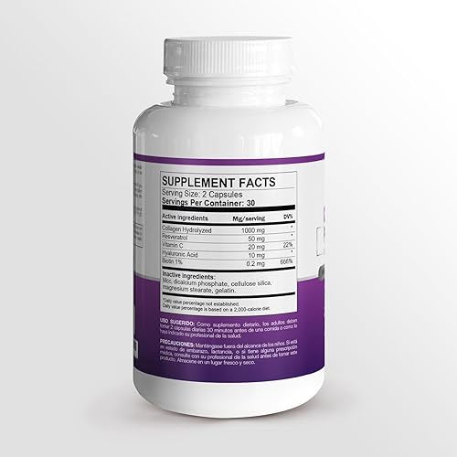 Miniatura 2 de Péptido de colágeno 1000 mg cápsulas con ácido hialurónico, vitamina C, biotina y resveratrol  Suplementos de colágeno para mujeres y hombres