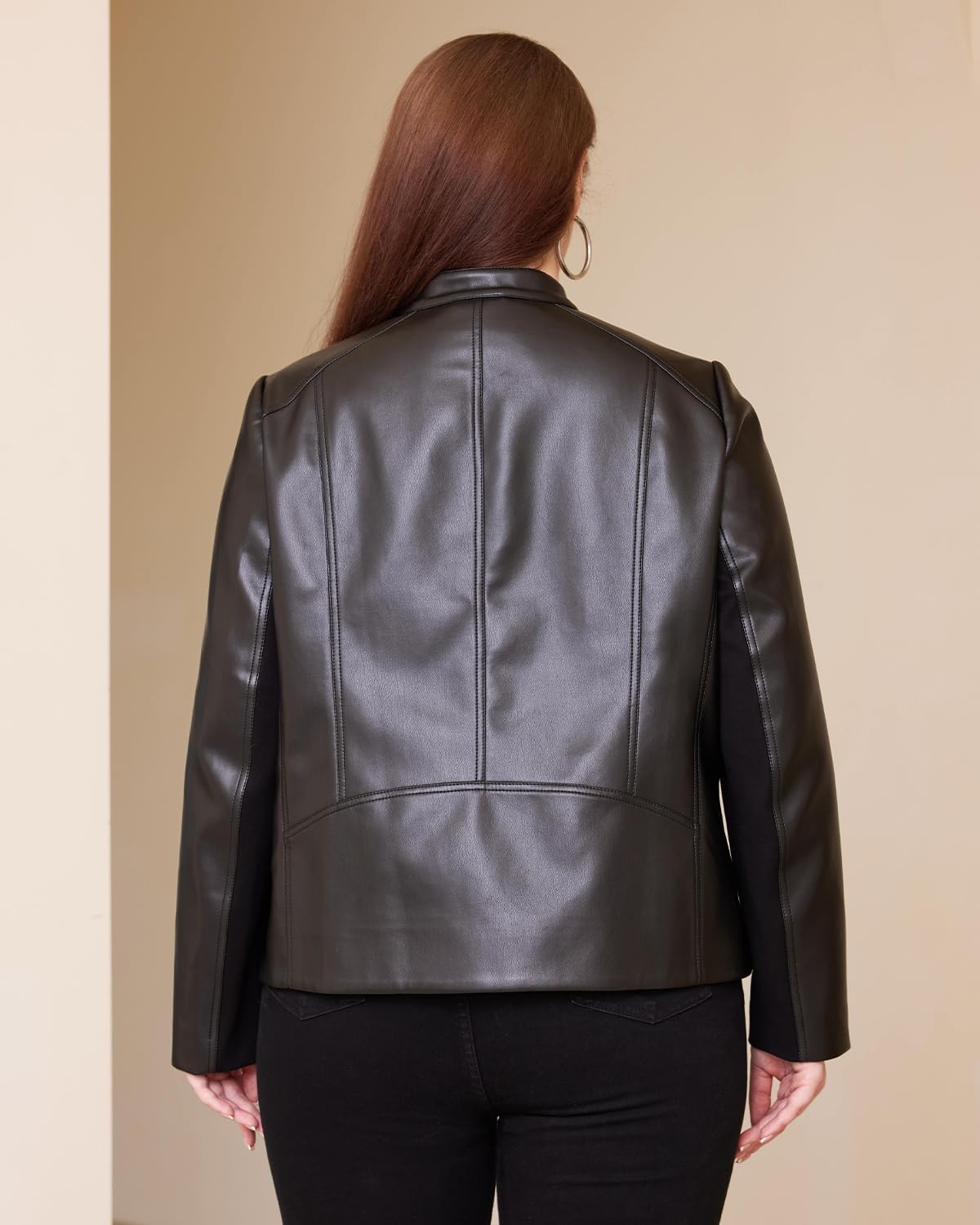Women Plus Size Faux Leather Jacket PU Motorcycle Biker Coat with Quilted - Image 4