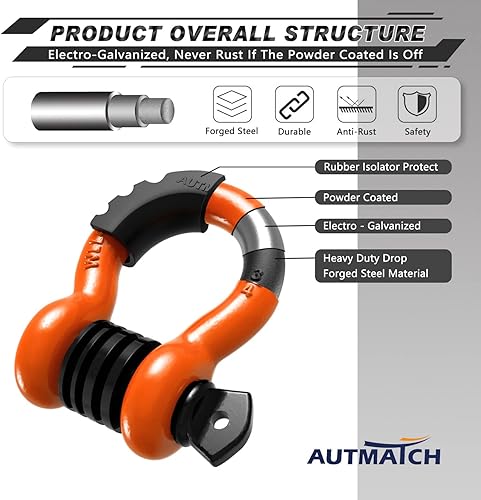 Vista 124 de AUTMATCH- 2 grilletes en D de 3/4 pulg, 41,887 Ib, resistencia a la rotura, tornillo de 7/8 pulg, pasador y grillete, aislante y arandelas, Negro