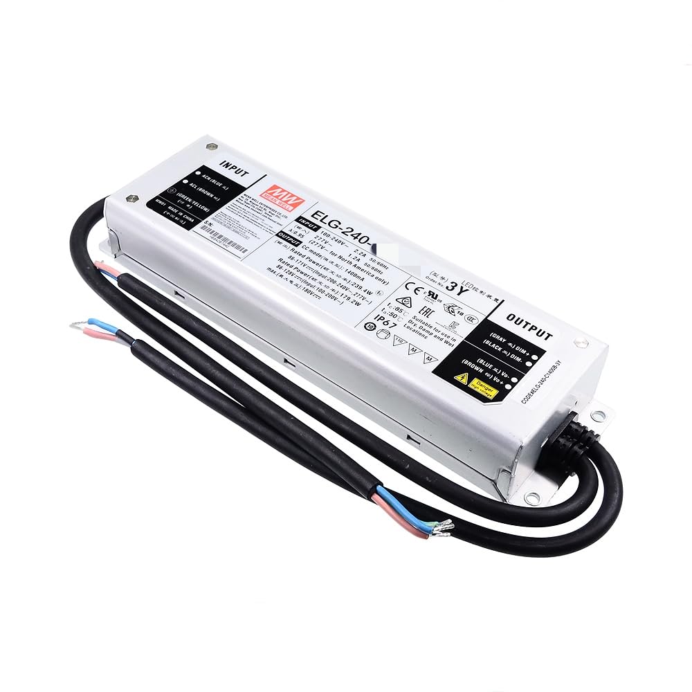 Mean Well ELG 240W 48V 5A LED Driver，3 Wire Input ELG-240-48A-3Y Switching Power Supply Converter Transformer with IP65, PFC Function, Constant Voltage/Current