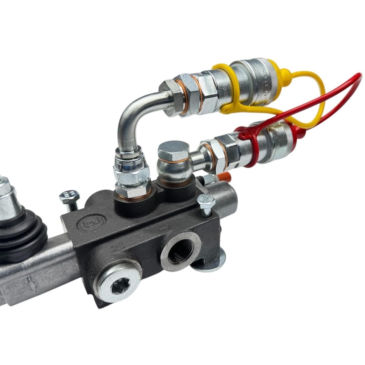 Distributore oleodinamico per trattore 1 leva doppio effetto 3/8" 45 Litri 300 bar completo di innesti rapidi, tappi rosso e giallo e viti di fissaggio