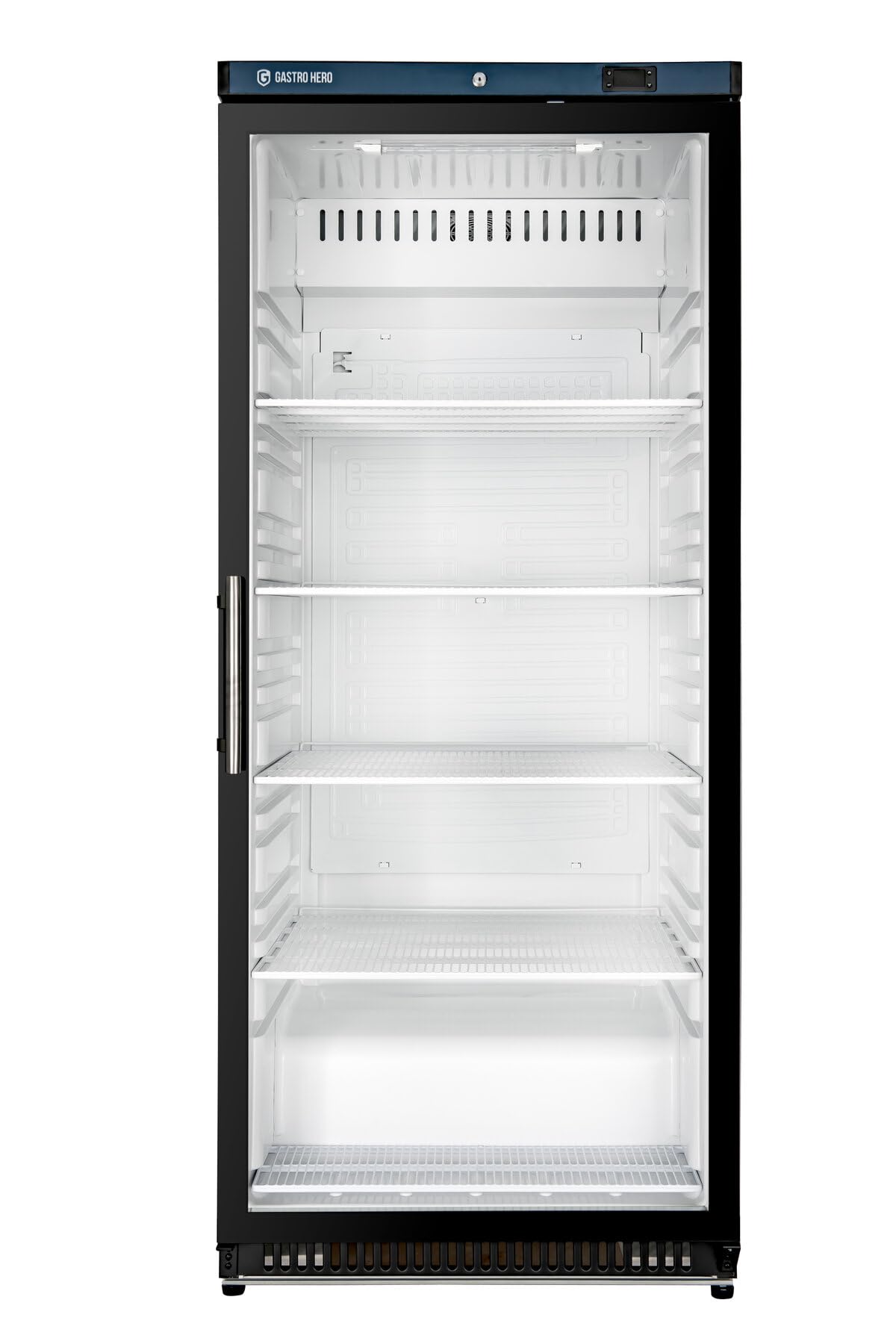 GastroHero Frigorifero ECO 600 con porta in vetro, nero, 562 litri, frigorifero commerciale con illuminazione a LED, raffreddamento ad aria, da 2 a +8 °C, termostato digitale, chiudibile, R600a