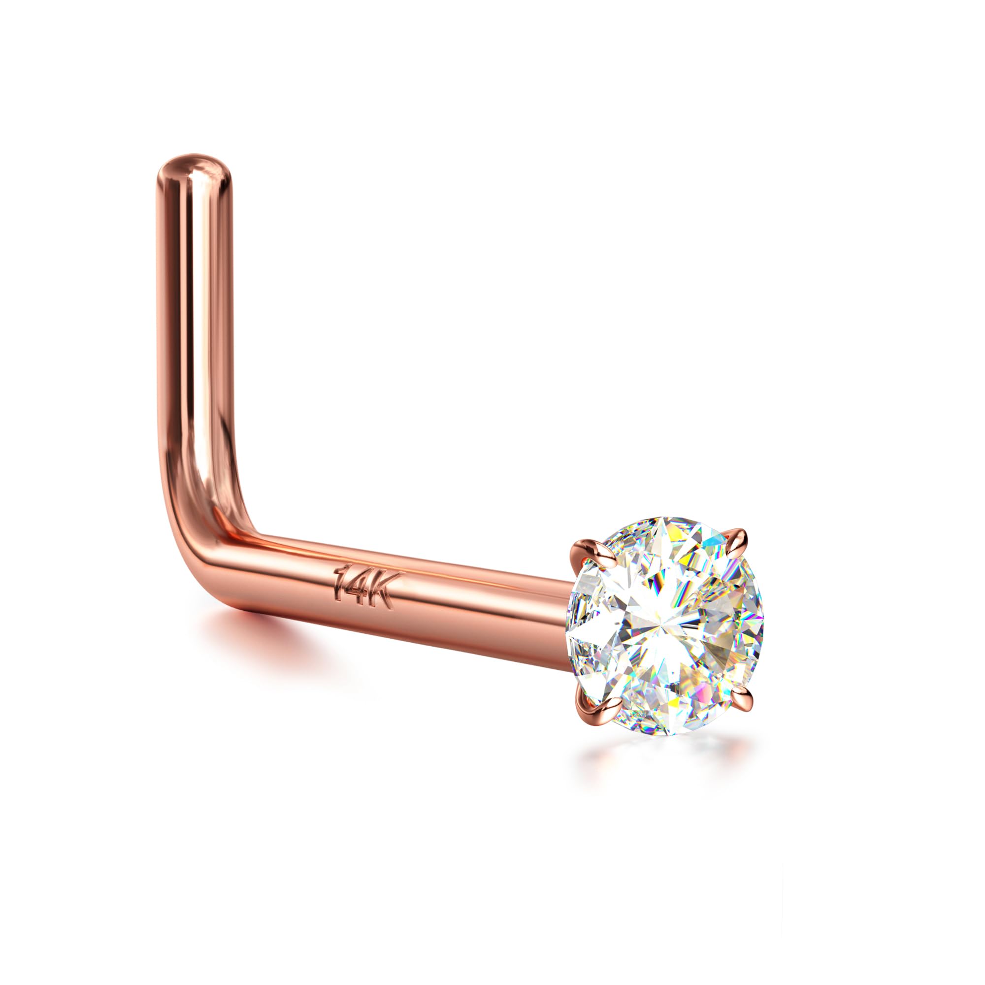 BUTADR14K Real Gold Nose Studs, 18G 20G Solid Gold L Shaped Nose Rings, Simulated Diamond CZ Hypoallergenic Nose Piercings for Women Men 1.5 2 3MM