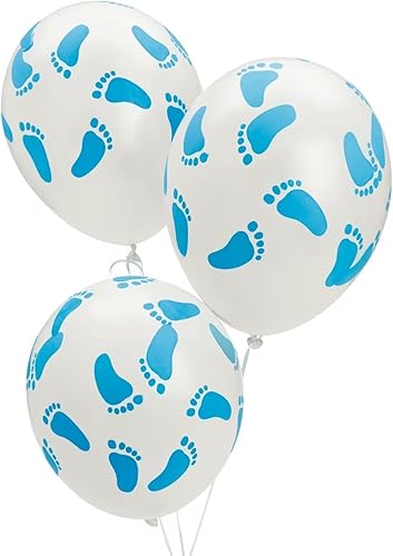 Fun Express - Globos de látex adorables con huellas azules para bebé, 11 pulgadas (paquete de 24), calidad premium y llamativas decoraciones de baby