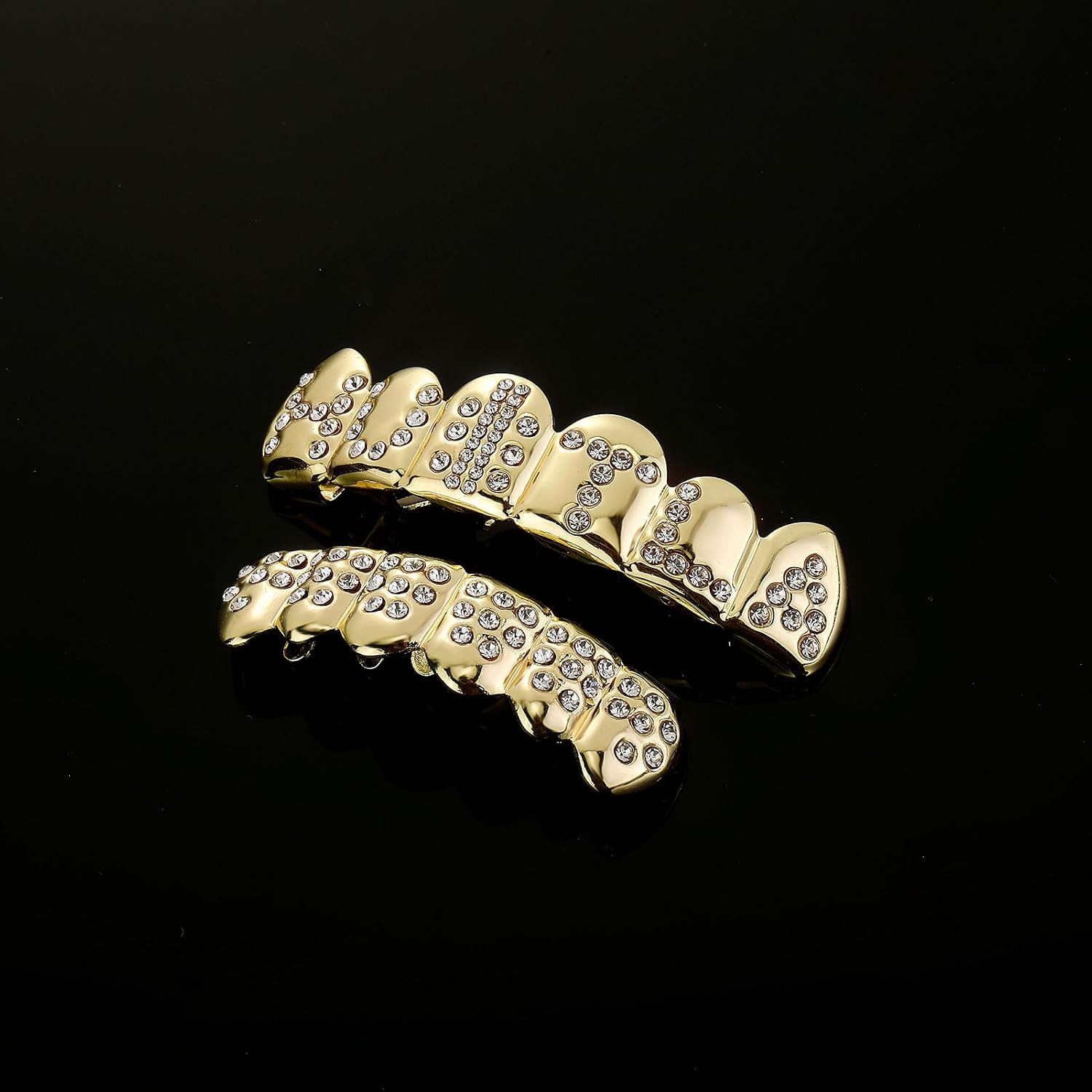 JINAO Gold Grill 14K Gold Plated Iced Out Teeth Grillz Top Bottom Tooth Caps Hip Hop Bling Gold shiny Mouth Grills for your teeth