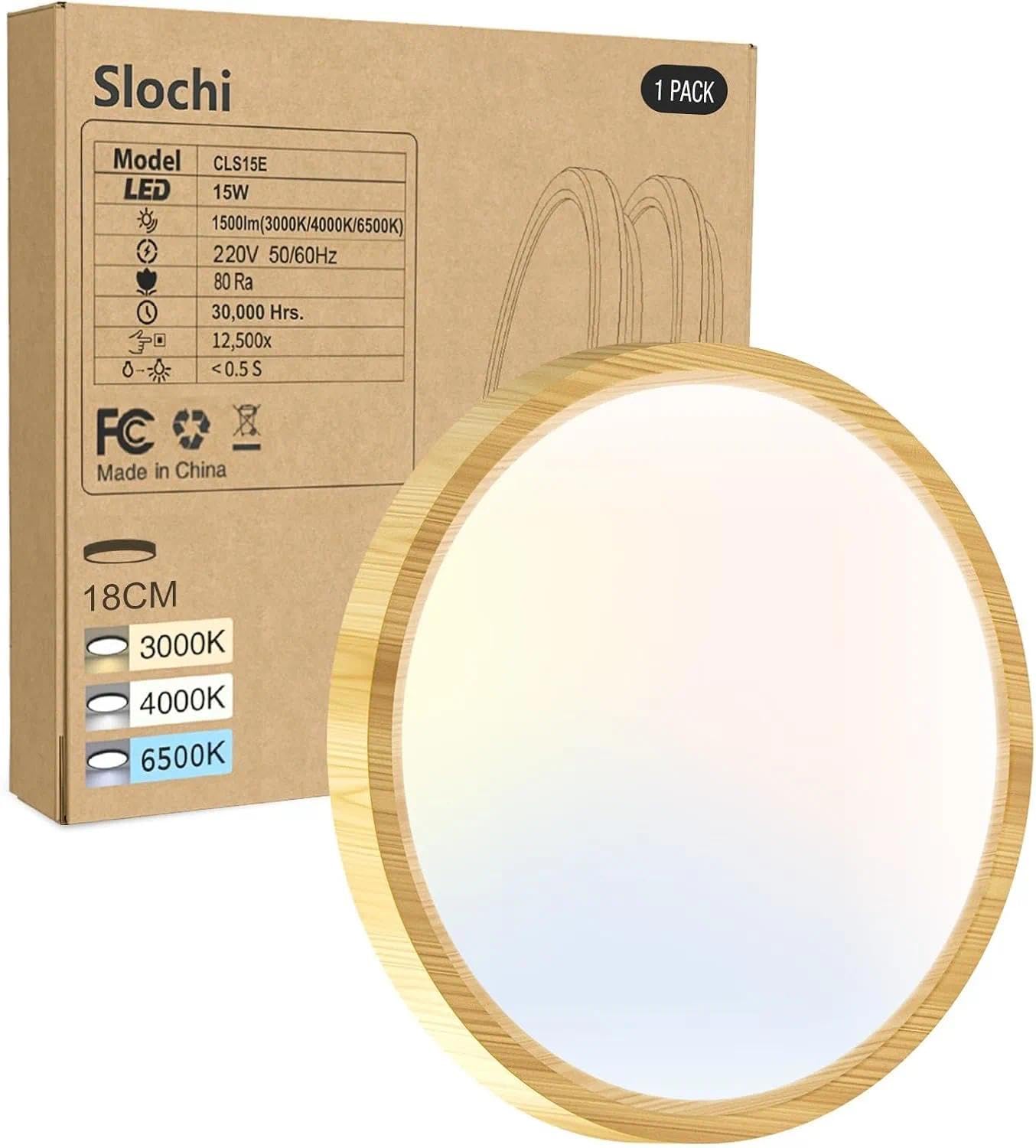 slochi Bathroom Light, 3000K/4000K/6500K 3 Color Temperature, Waterproof IP54, Small, Round, Modern, Flush Ceiling Light for Bathroom, Kitchen, Bedroom, HallwayØ18CM(Wood)