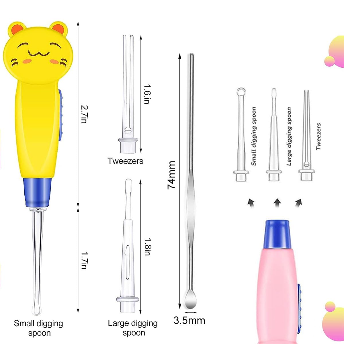 Cuillère de Nettoyant Oreille Lumineux, Ear Curette LED, Curette Oreille Enfant, Cuillère de Nettoyage de Nettoyage avec Lumière Cuillère Creuser Outil de Soins de L'oreille pour Enfant Adulte