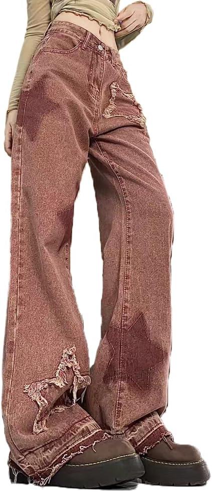 LAFOURAM Petite Jeans for Women 5 FT Short Wide Leg Baggy Grunge Y2K Star Patchwork Denim Pants