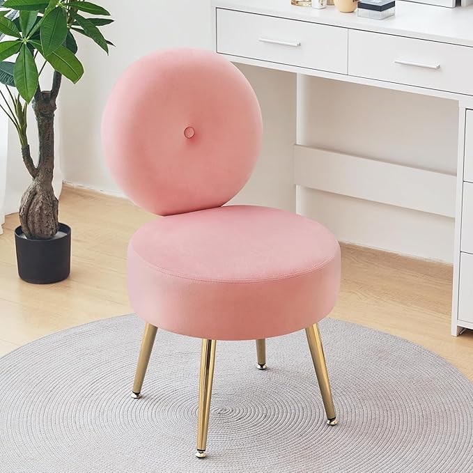 SUN WOOD SHOP Modern Vanity Chair with Gold Legs, Round Back Design, Cream White Upholstered Seat, Elegant Dressing Stool (Pink)