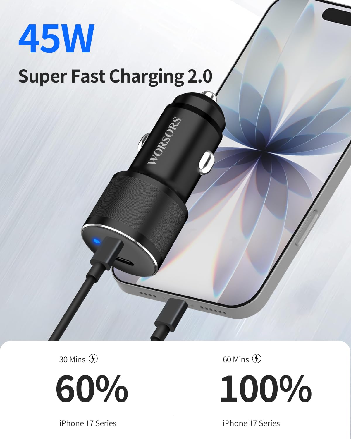 Cargador de coche USB C dual de 45 W, carga súper rápida máxima de 90 W, adaptador de encendedor de cigarrillos de metal de 12 V para iPhone 17 Pro Max/16/15/iPad, Samsung Galaxy S26/S25, teléfonos